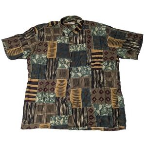 BURMA BIBAS Men Size XL Green Multi Rayon Floral Geo Abstract Hawaiian Shirt‎